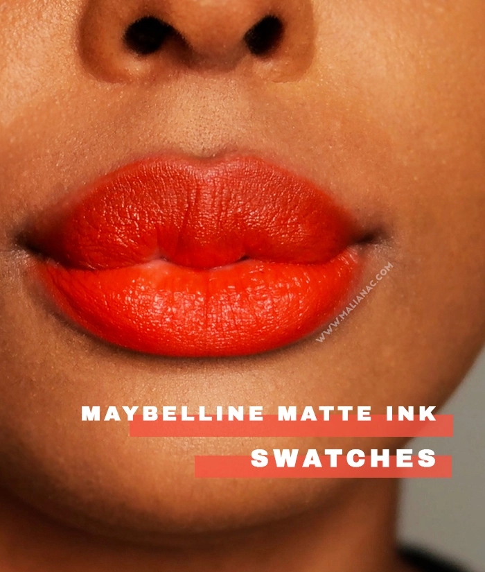 Swatches of Maybelline matte liquid lipsticks on dark skin