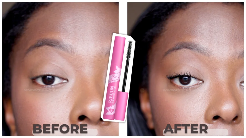 before and after application of Too Faced Ribbon Wrapped Lash Mascara - a tubing mascara