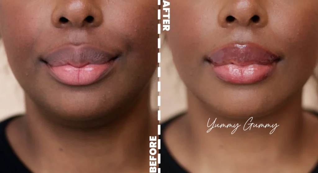 Swatch of elf tinted lip balm in the shade Yummy Gummy on dark skin